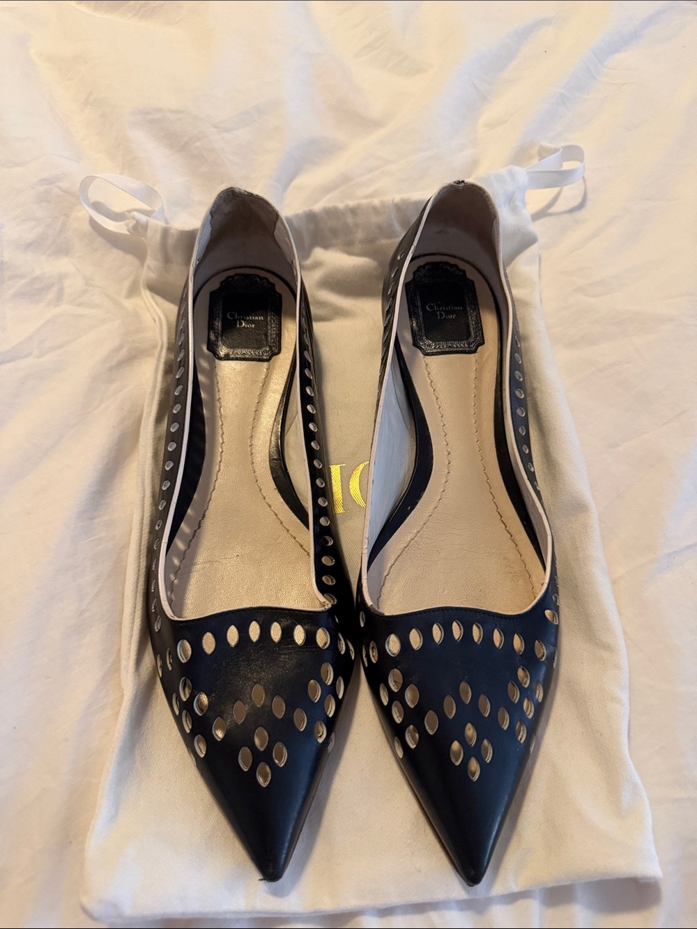 Christian Dior Navy Pointed-Toe Laser-Cut Flats